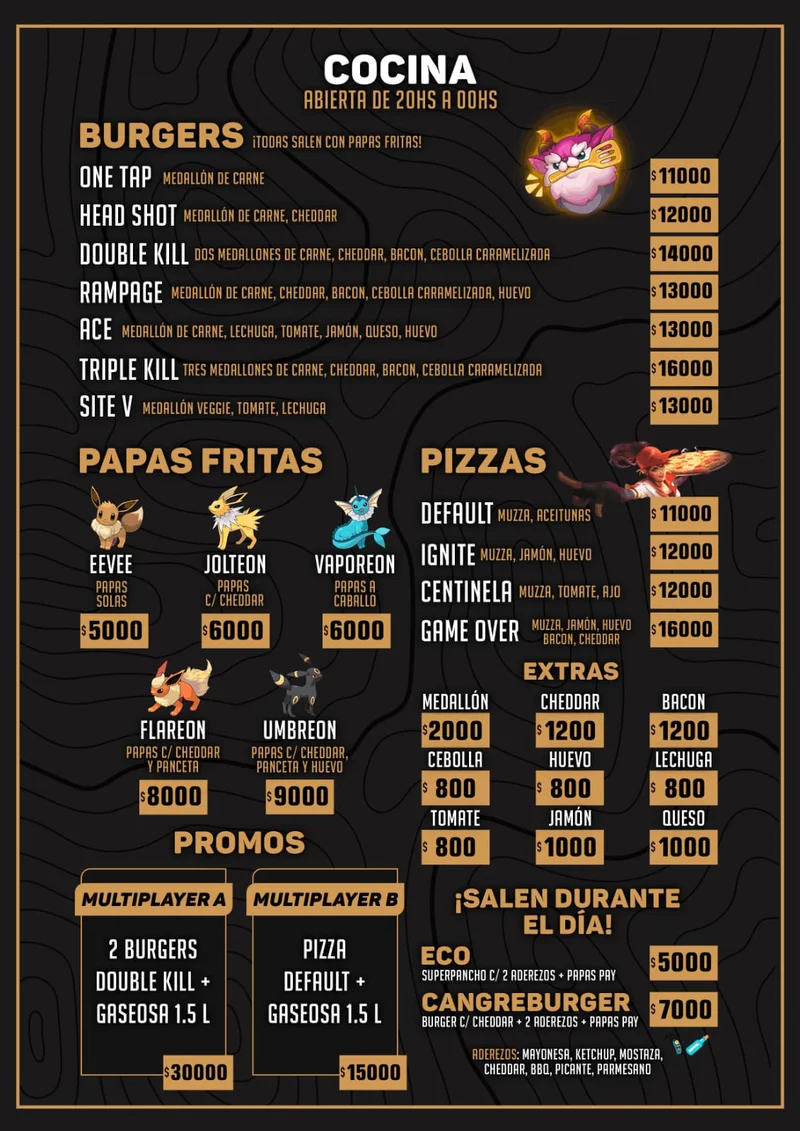 Cuarta página del menú digital detallando combos de comida rápida y snacks para comer mientras juegas